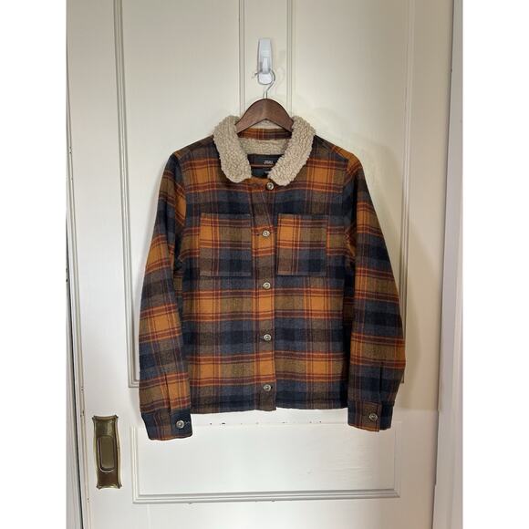 Toad & Co. Plaid Flannel Sherpa Lined Trucker Jacket Womens Size Large Orange - Picture 1 of 8